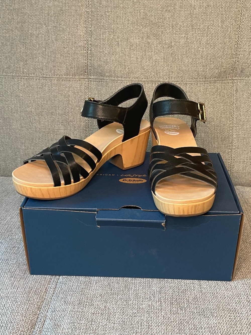 EUC in Box - Dr. Scholl's "First of All" open toed ankle strap clogs - Black, 8M